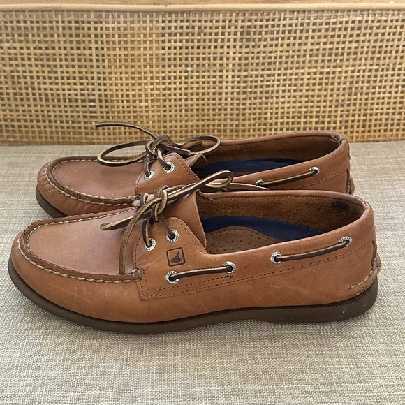 Sperry Men's Sahara Brown/ Tan Leather 2-Eye lace up Boat Shoes size 9 - Picture 1 of 8